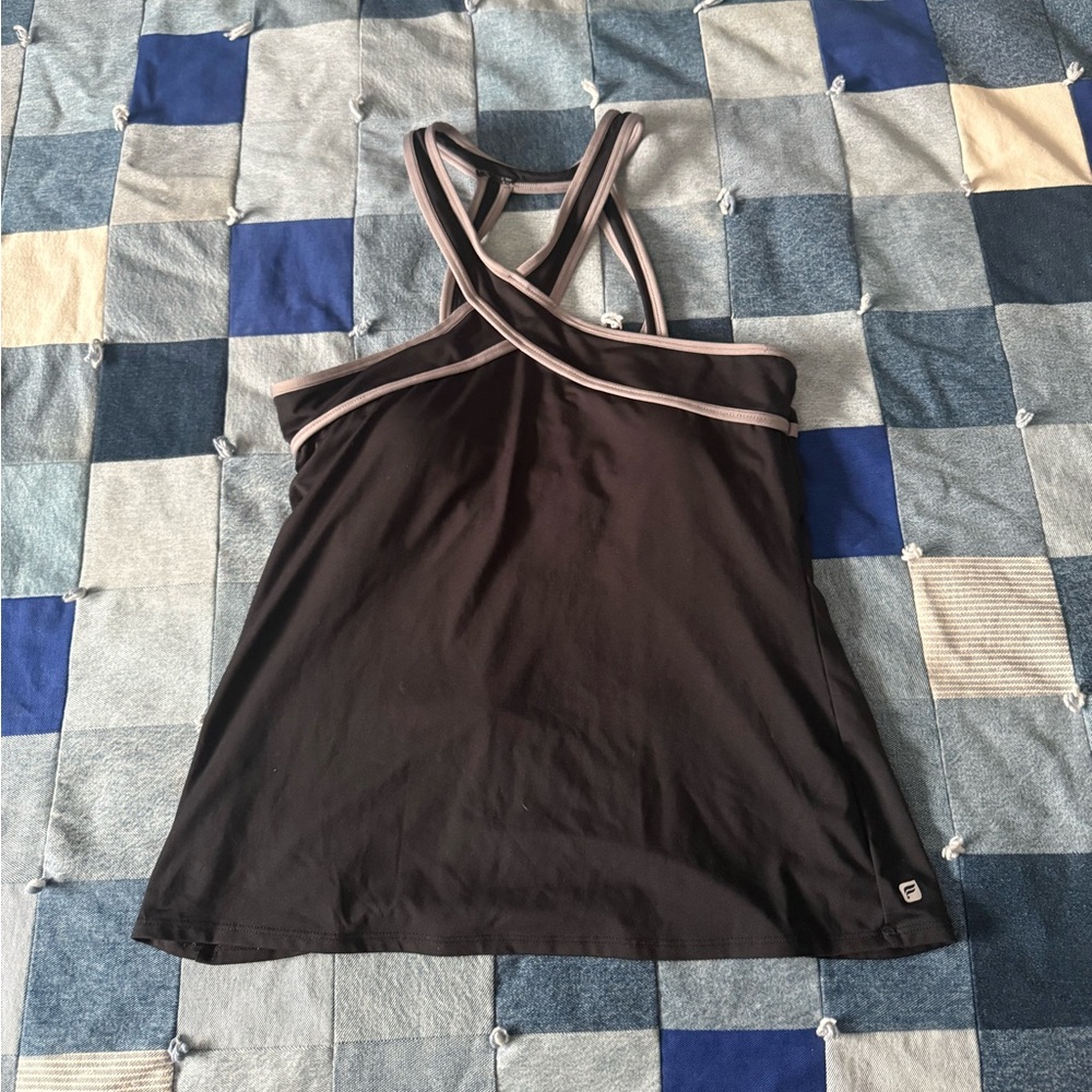 Fabletics Black and Gray Asymmetrical Fitted Tank Top